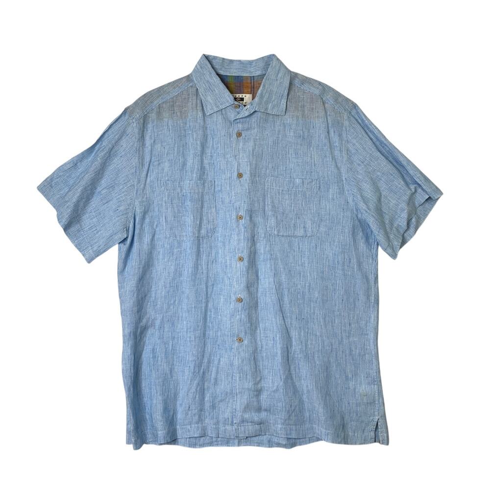 Joseph Abboud Shirt Mens Extra Large Niagra Blue Short Sleeve Linen Camp Collar